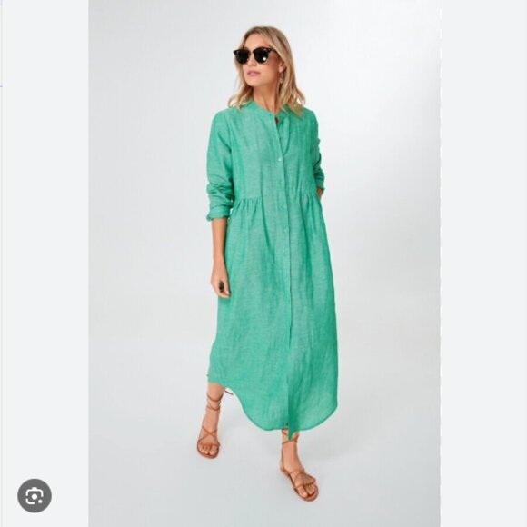Tuckernuck Lydell Sea Green Linen Maxi Shirt Dress Beach Vacation Boho Sz M - Picture 1 of 5